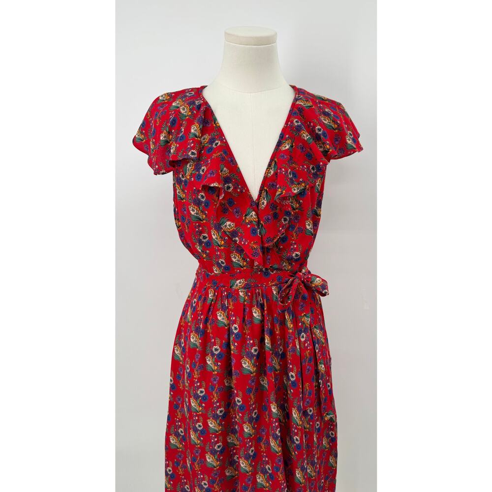 Anthropologie Maeve Red Floral Ruffle Wrap Mini Dress Flutter Sleeve Cottage 6